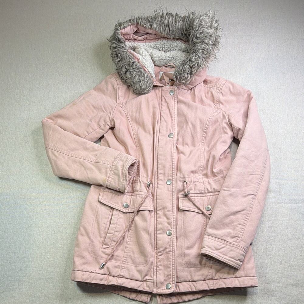 Sebby Womens Pink Hooded Parka Jacket Faux Fur Trim Quilted Lined Zip Size XS